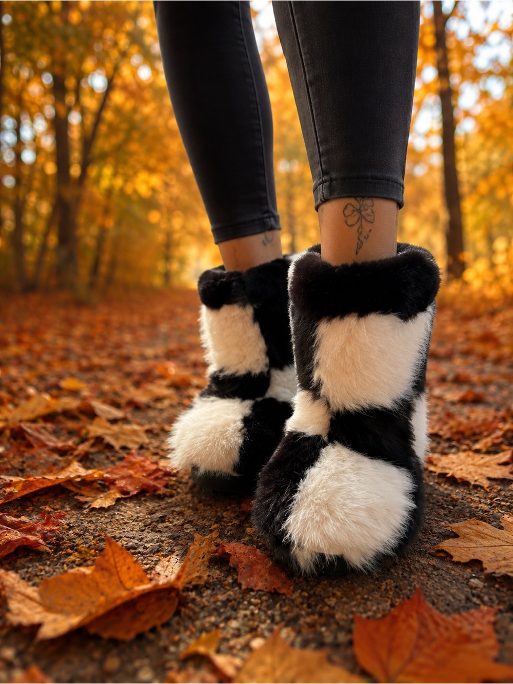Cozy Faux Fur Ankle Boots - Black & White